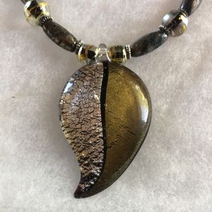 Handmade Pyrite necklace with glass teardrop pendant & matching earrings.  NEW